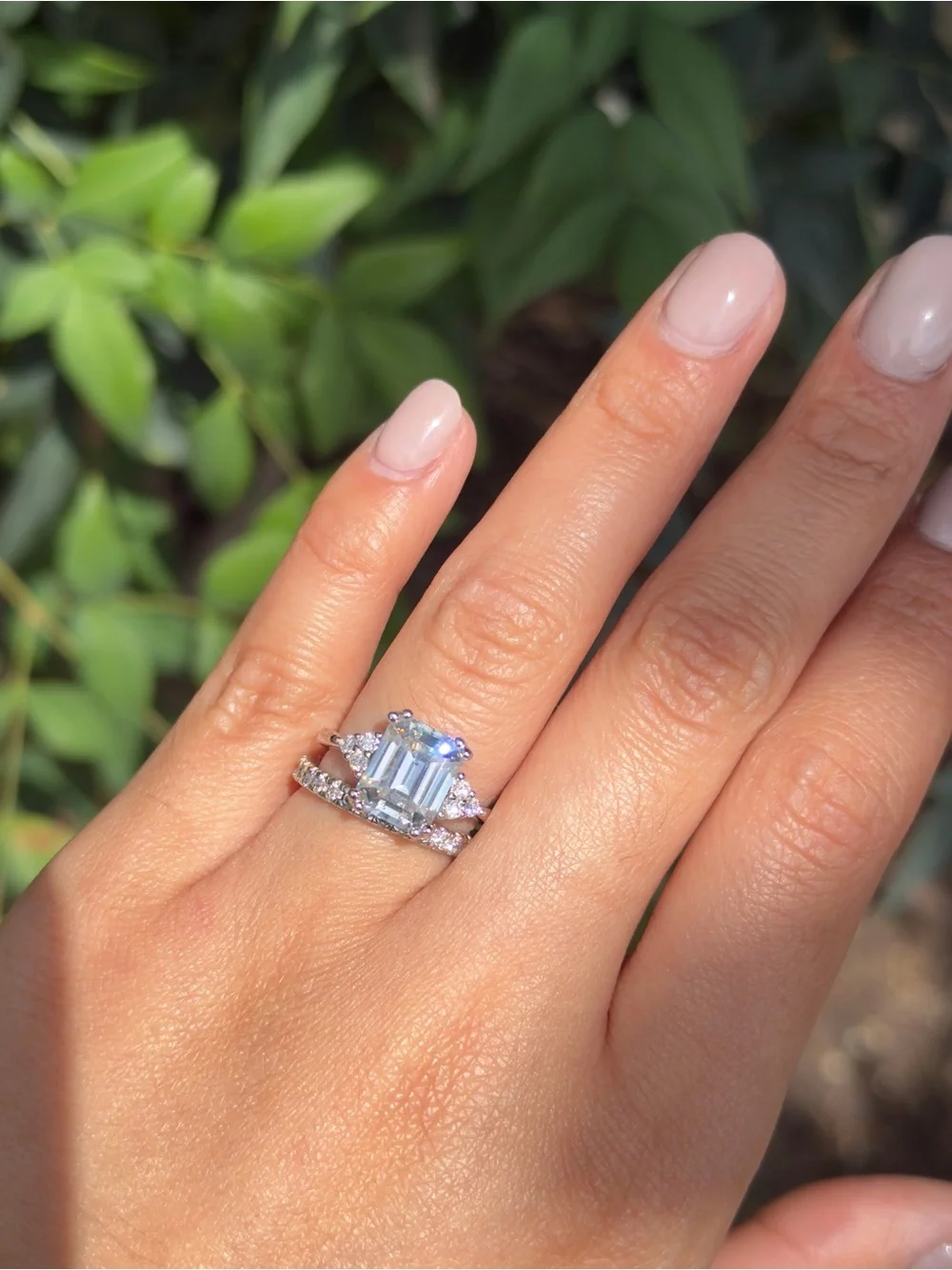 4ct Emerald cut moissanite + 1cttw eternity band vvs1 wedding set sz 6